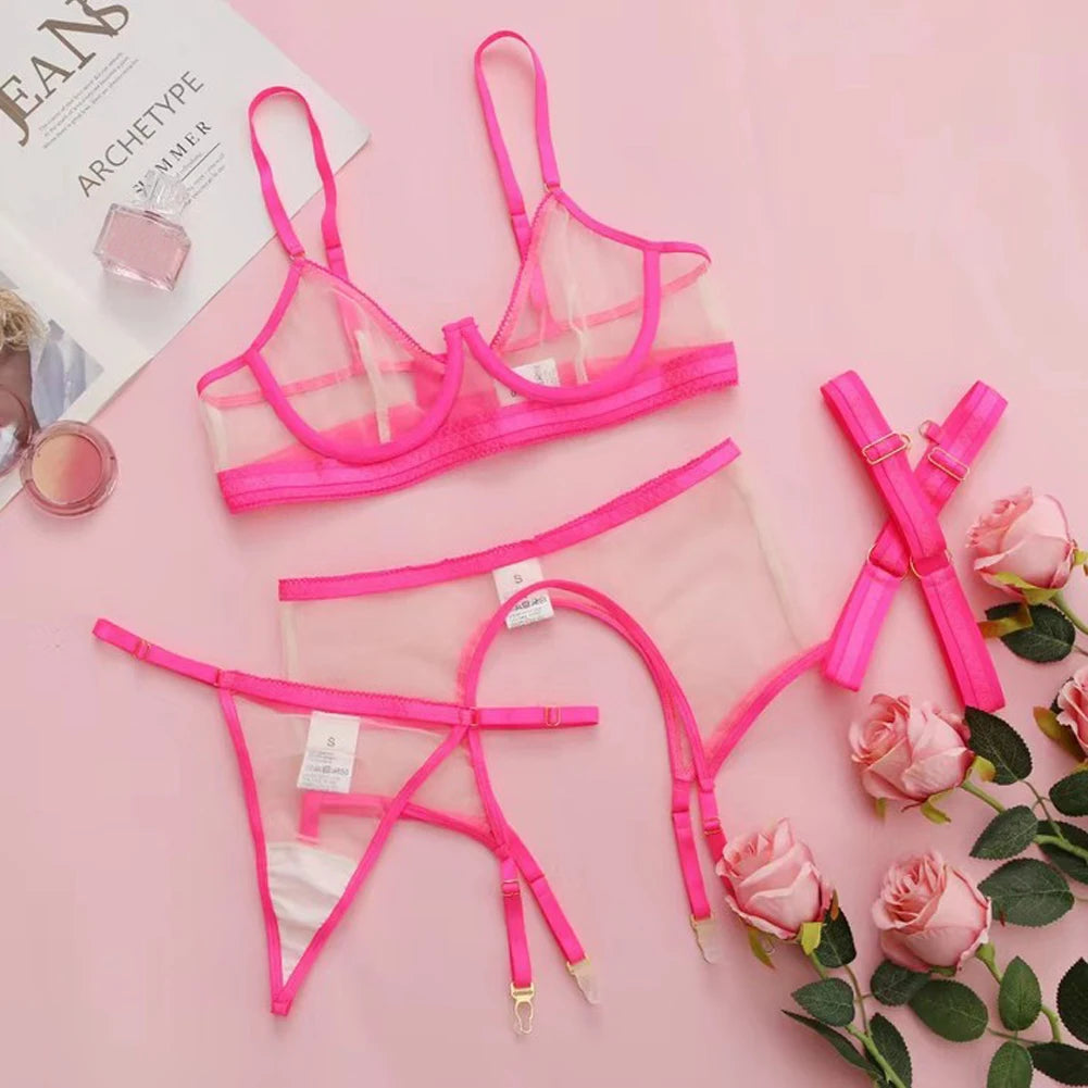 Sexy Lingerie Set For Women 3 Piece Neon Color Mesh Underwear Set Transprent Hollow Breath Bra T-back Bikini Panty Garter Set