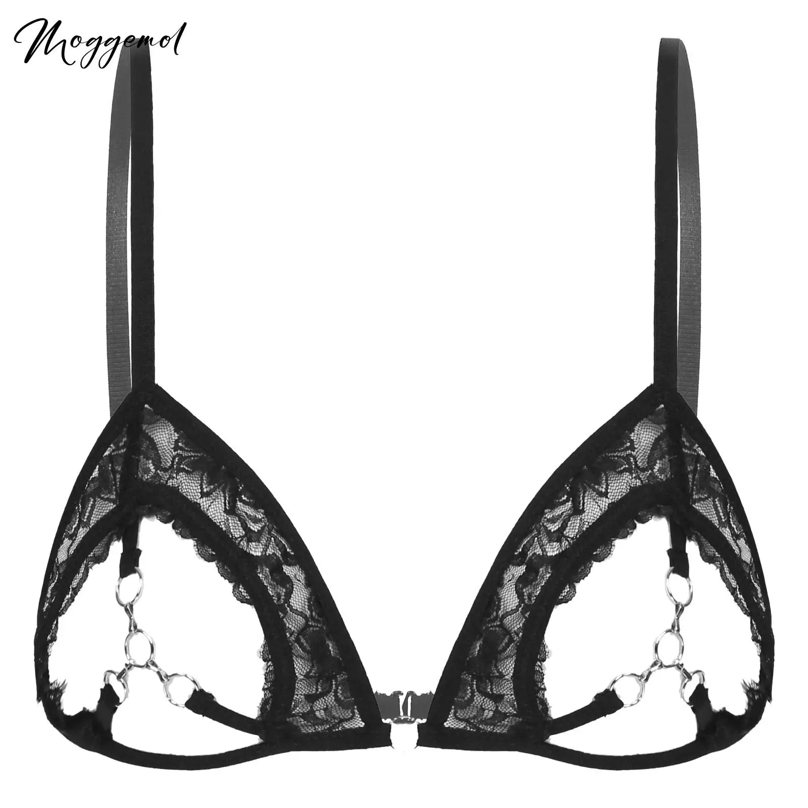 Women's Sexy See Through Sheer Lace Bras Lingerie Open Cups Bra Top Underwear Hollow Out Bra with Metal Rings Linked at Bust