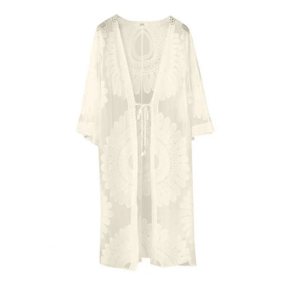 Flower Lace Cover-ups Beachwear White Cardigan Beach Cover Ups for Swimwear Women Bath Exits Outfits Solid Knitted Wear Coverup