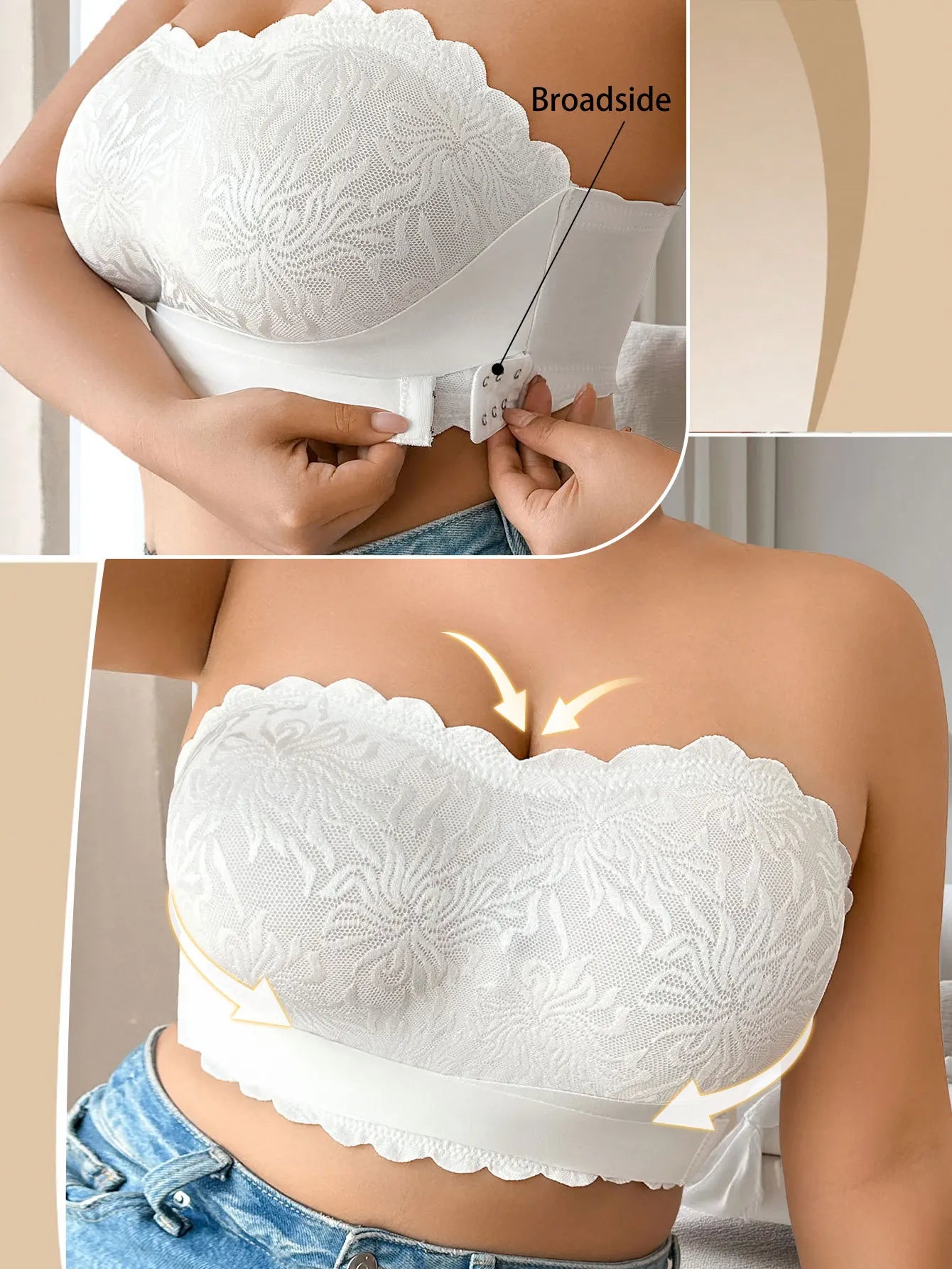 Strapless Bra 5XL Plus Size, Invisible Stick On Bustier with Lace & Adhesive, No Slip Backless Bra for Wedding Dress