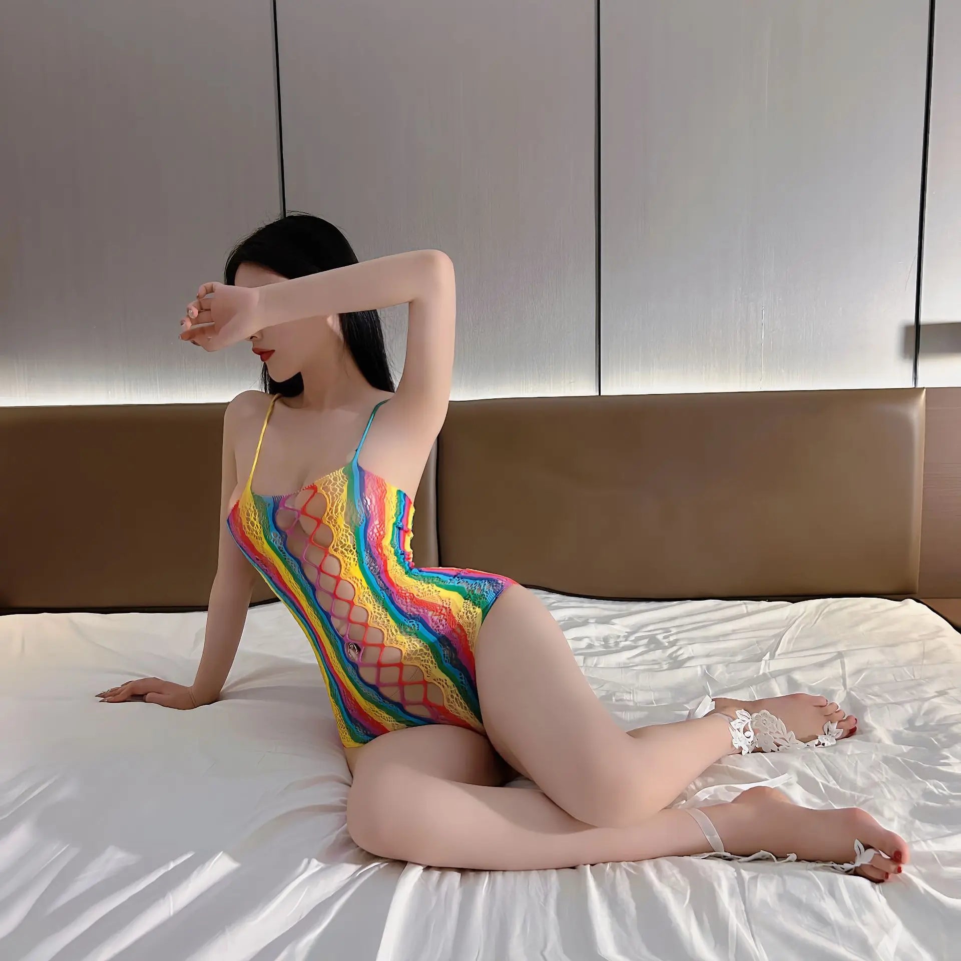 Sexy Lingerie for Women Fishnet Halter Chemise rainbow Hot Mesh Mini Dress Bodysuit through clothes Flirtation Erotic for couple