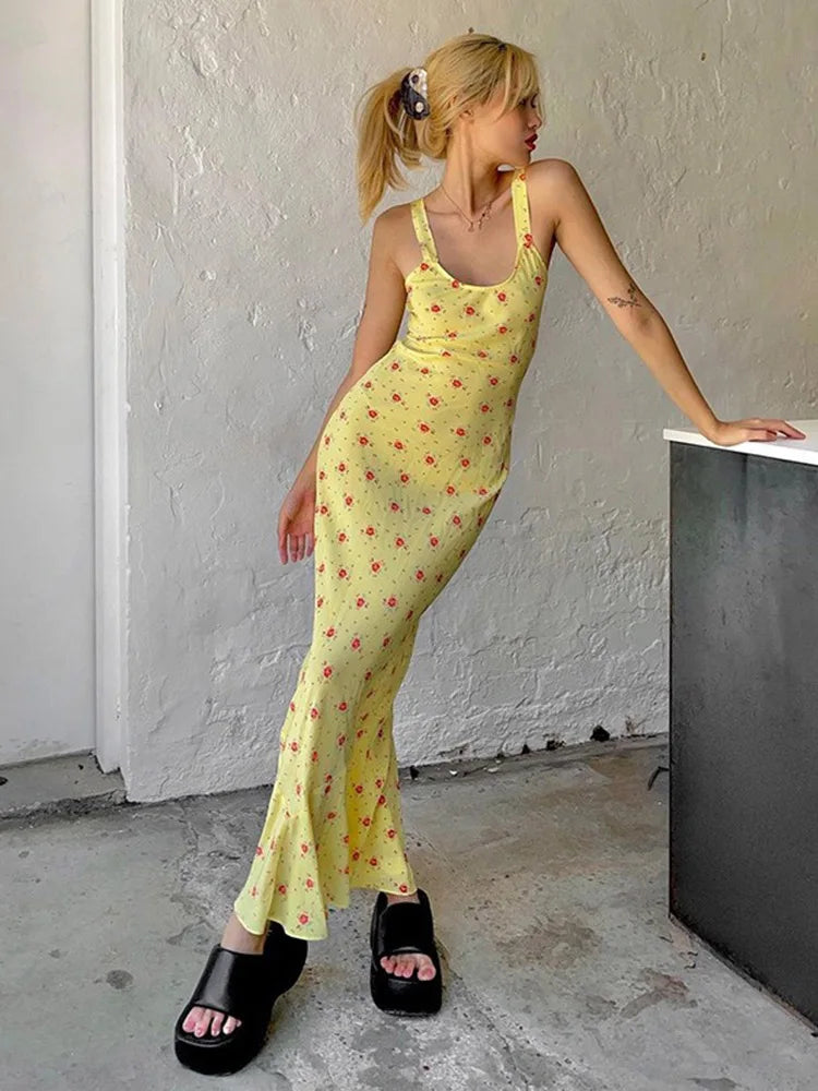 Women Slip Slim  Dress  Lady Elegant  Floral Yellow Long Dress Female Fashion Sexy Beach Vacation Dress