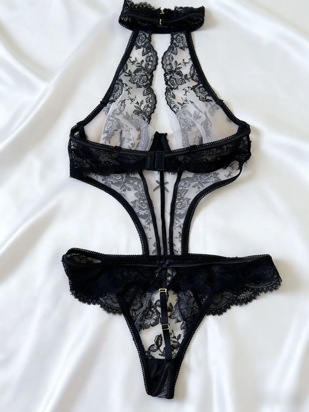 Women Sexy Halter Bodysuit Sheer Mesh Bodysuit Floral Embroidery Lace Skinny Backless Hollow Out Bodycon Hot Sexy Lingerie