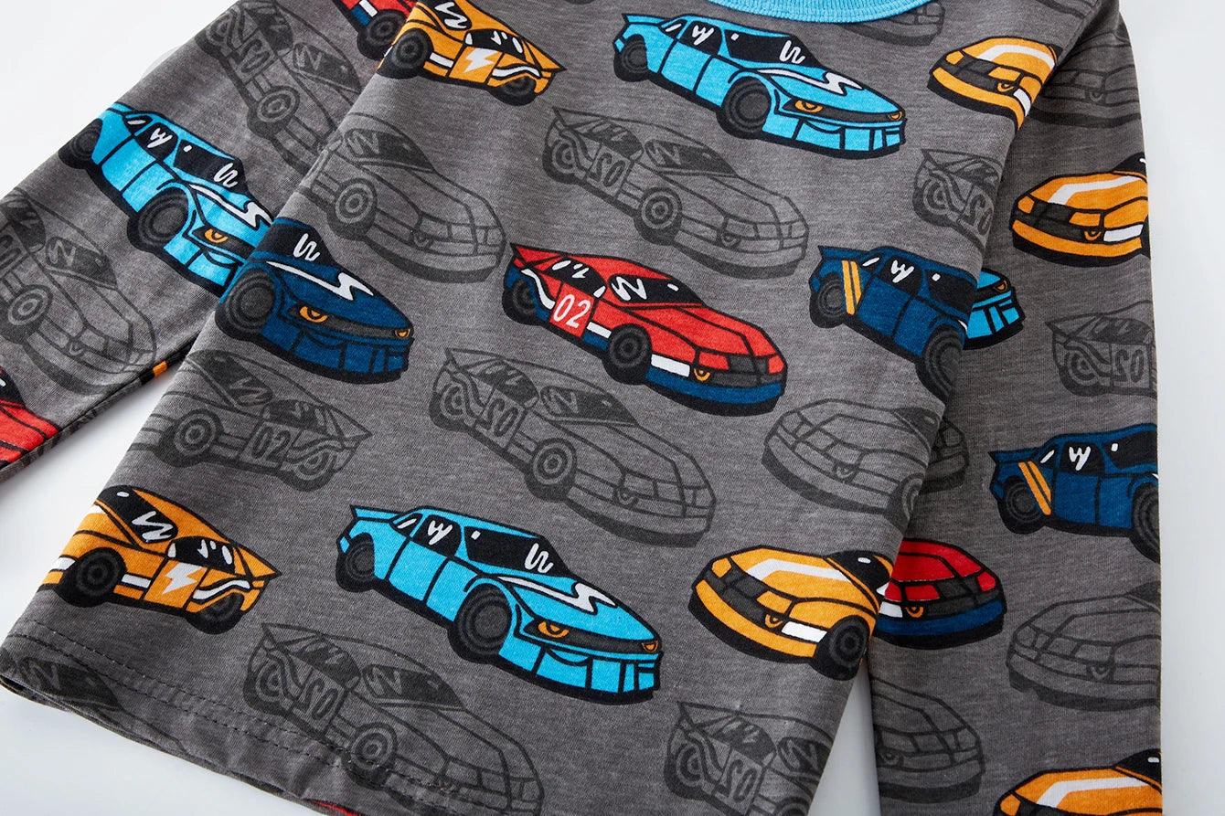 Kids Pajama Set 100% Cotton Soft Car Full Print Loungewear Nightwear Long Sleeve Pjs for Toddler Boys Girls Age 1-8 Years
