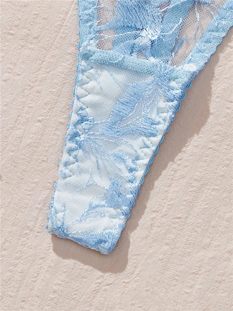 Sexy Lingerie Set Embroidery Romantic Bra Brief Set Transparent Underwear Thong New Fashion Lace See Through Blue Exotic Sets