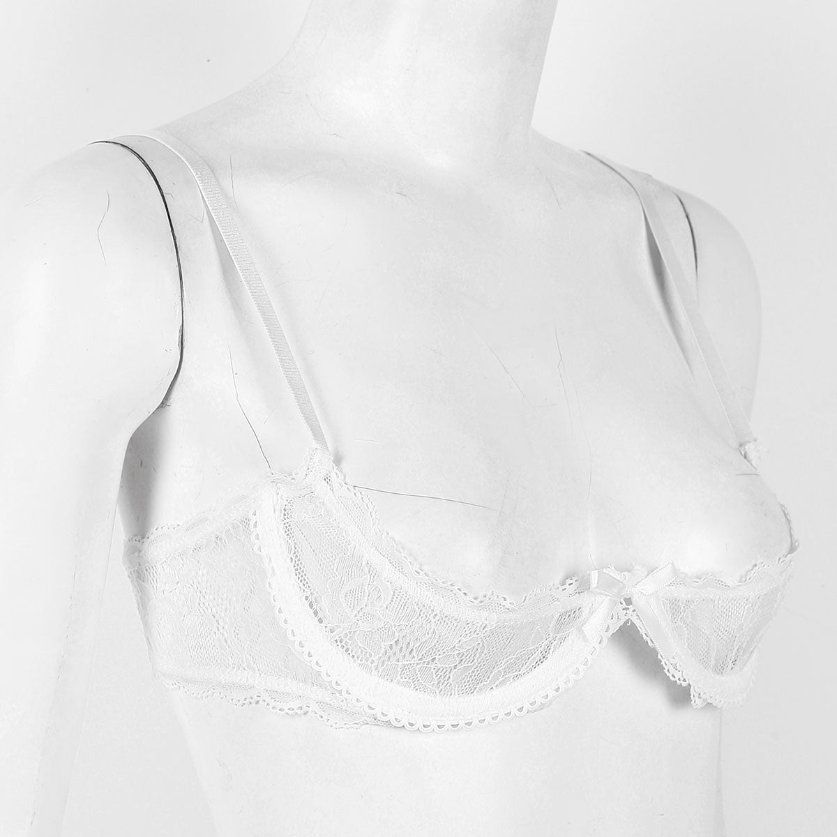 Womens Sexy Lace 1/4 Cups Unlined Bra See Through Mesh Push Up Underwired Brassiere Non Padded Balconette Bras Lingerie Tops