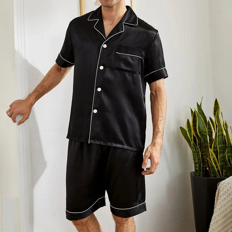 Men's pajamas set for summer short sleeve pocket button down shirt & Shorts Pyjama loungewear set sleepwear pijama home clothing