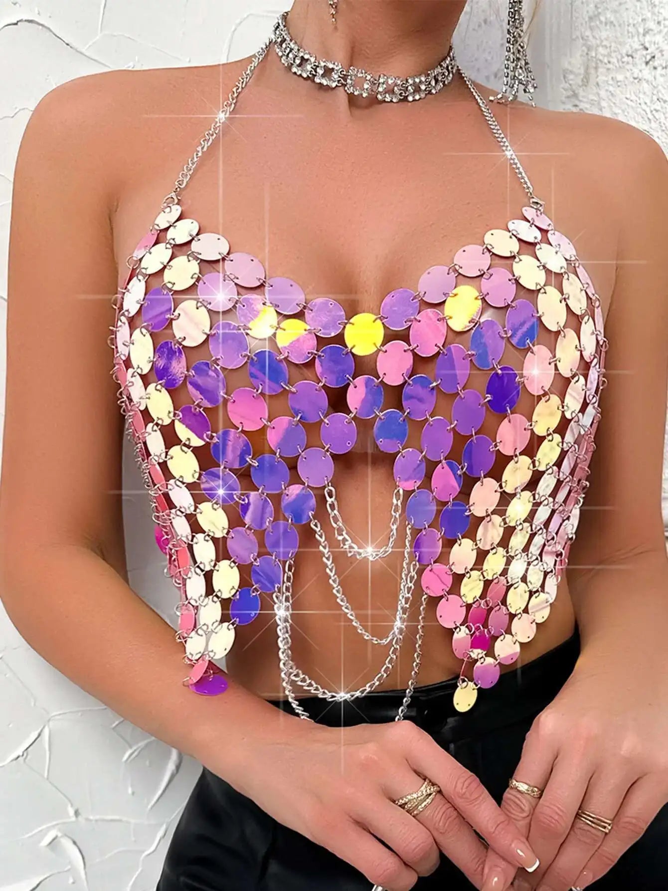 Sexy see through metal sequin corset crop top womens summer beach party halter tank top rave festival outfits cropped y2k Tops