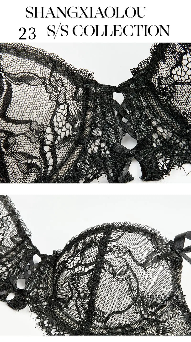 Women Sexy Bra See Through Lace Lingerie Bow Lace Embroidery Underwear Daily Female Bra