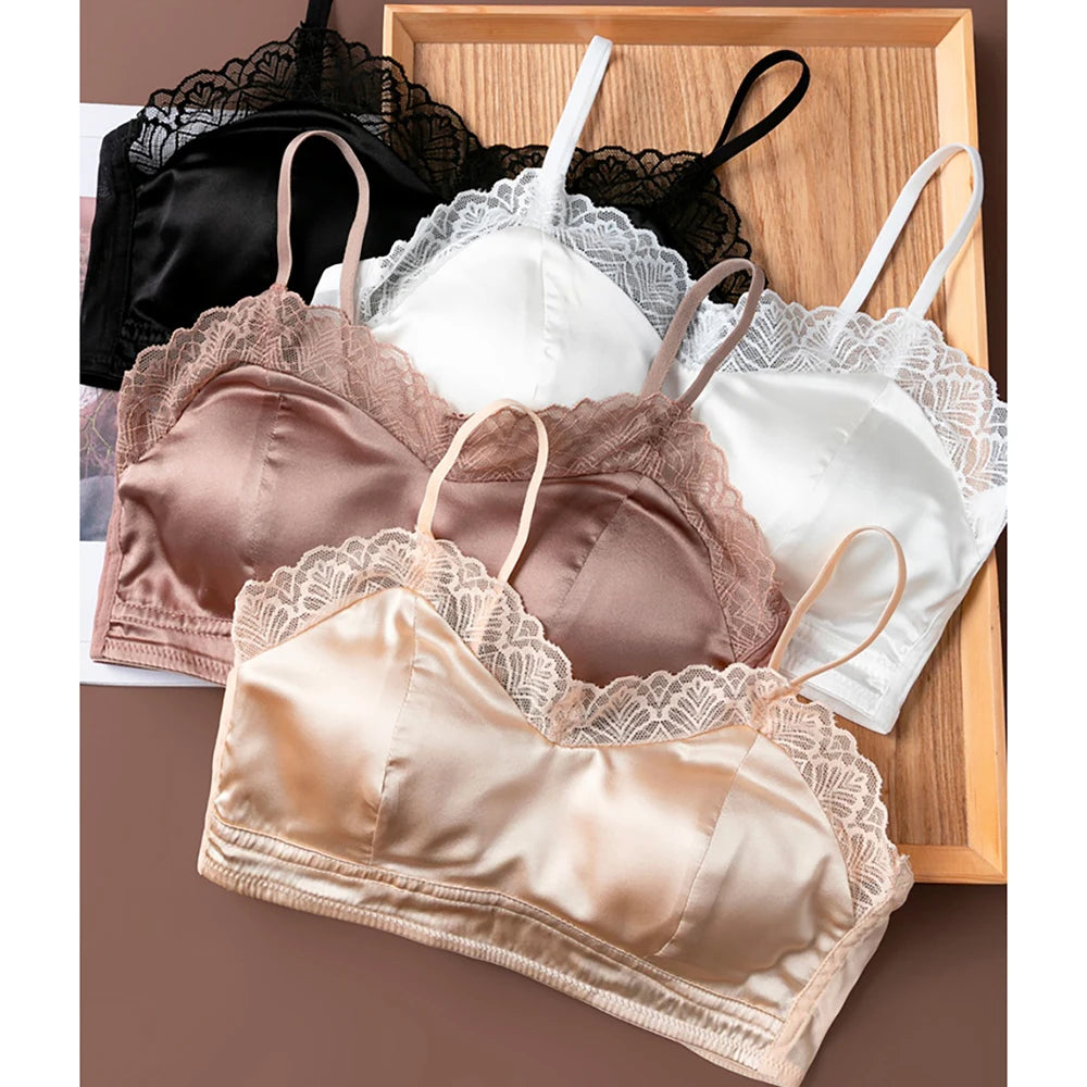 Lace Bralette Bra for Women 19 Momme Mulberry Silk No Underwire Wireless Full Coverage Lightly Lined Adjustable Skinny Strap