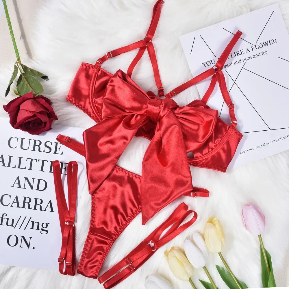 Hot Sexy Lingerie Women's Erotic Lace Satin Sexy Bodysuit Women's Bow Sleepwear Sexy Bra Panties Set Babydoll Exotic Pajamas