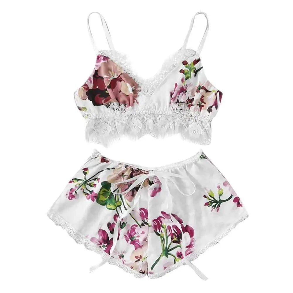 2 PCS Sexy Lace Lingerie Set for Women Floral Print Cami and Lace Strap Sleepwear Sexy Nightwear for Comfort and Seduction