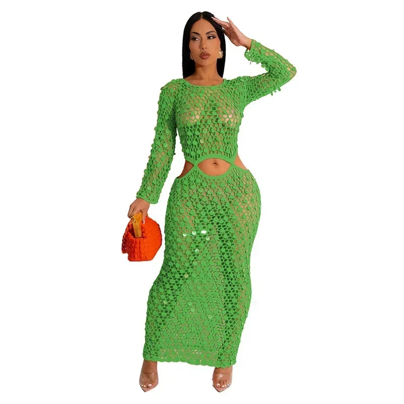 Sexy Party Dresses Sequined Crochet Knitted Beach Dress for Women Summer See-through Cover Up Bodycon Maxi Dress Vacation Club