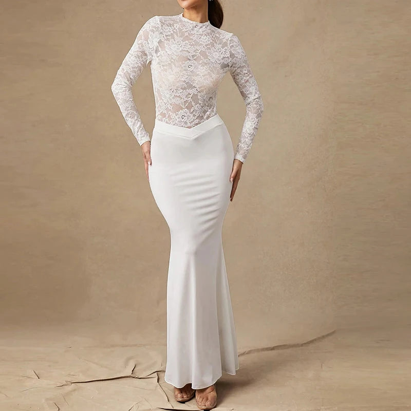 Sexy Lace Bodysuits For Women Fashion Clubwear Long Sleeve Slim See Through Romper Female Jumpsuit Lady Playsuit White Shirt