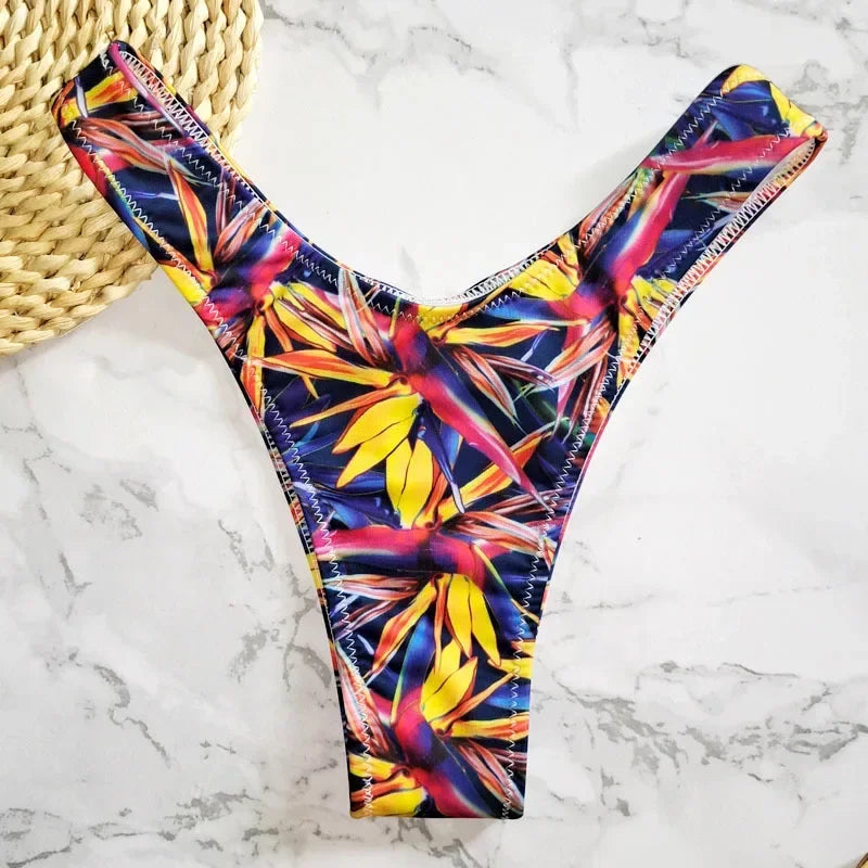 New Floral Print Brazilian Bikini Bottom Women's Swimwear High Waisted Sexy V Thong Swimsuit Bathing Suit Women Swimwear Women