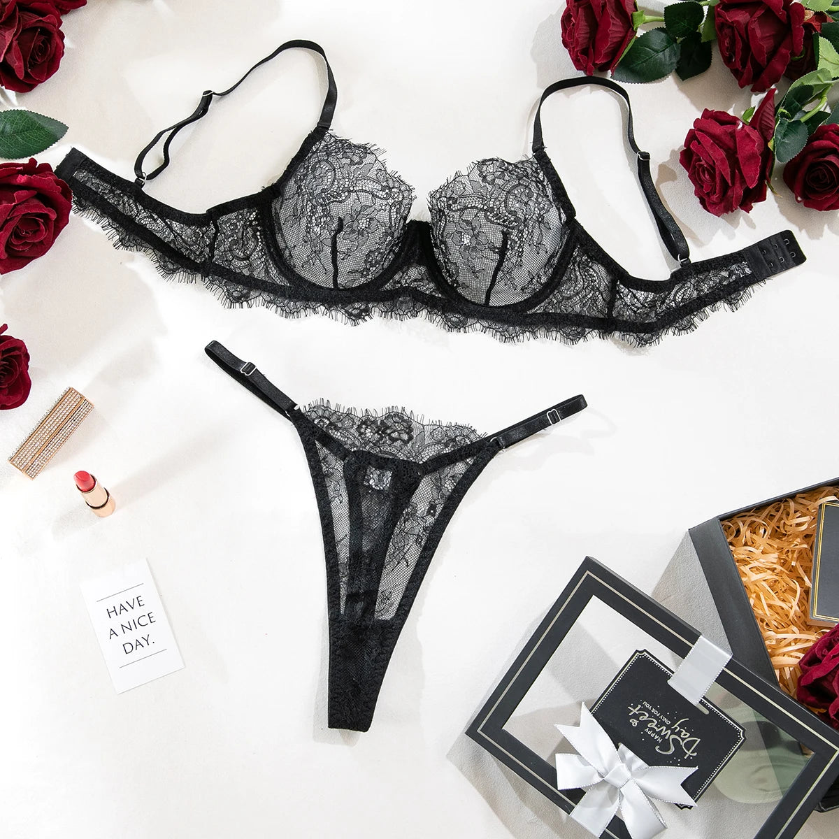 Erotic Lingerie Bra and Panties Set Basic Sexy Sheer Lace Eyelash Unline One Layer Lace Lingerie Women Underwear Intimate