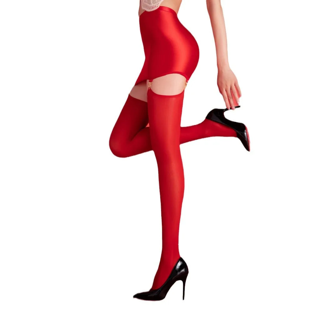 Sexy Women Elastic Tight Pencil Skirt Oil Glossy Shiny Micro Mini Packet Hip Skirts Cosplay Maid Wear With Garters Stockings