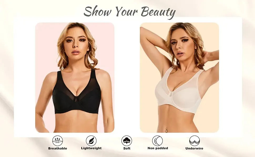 Large Size Women's Full Coverage Minimizer Lace Bra Underwire Non-Padded Soft Everyday Transparent Thin Minimizer Bras CDEFG