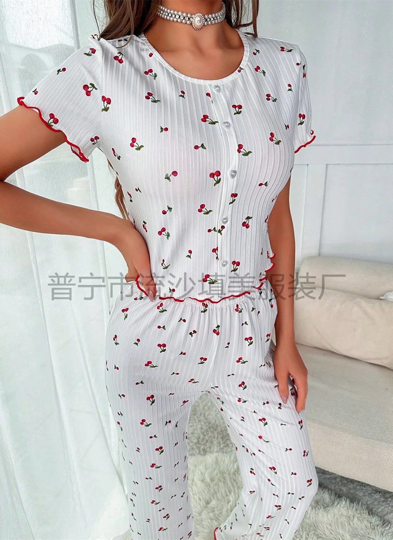 Comfortable pajama set, featuring a Cherry  printed short sleeved top and elastic waistband with lotus edges