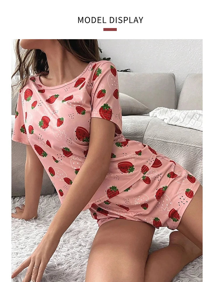 Pajamas Set for Women Breathable Cherry & flower Print Sleepwear Comfy Camisole Top and Shorts Pyjama Home Loungewear for Ladies