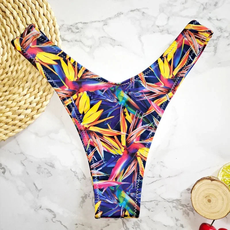 New Floral Print Brazilian Bikini Bottom Women's Swimwear High Waisted Sexy V Thong Swimsuit Bathing Suit Women Swimwear Women