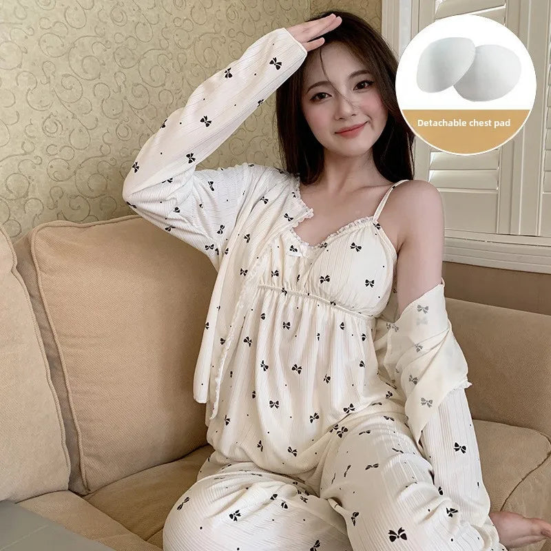 Pajama Three-Piece Set with Chest Pads Loungewear Sexy Long Sleeve Trousers Set Plus Size Nightwear Women Sling Sleepwear