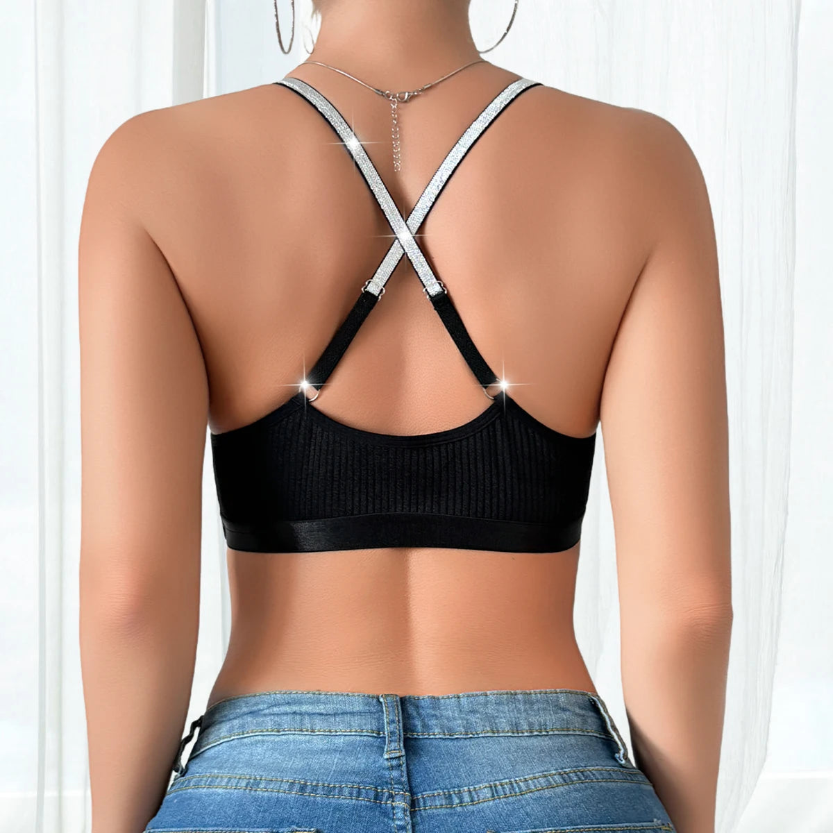 1pcs Ribbed Sexy Women's Bras Cross Shoulder Straps Sexy Lingerie Wire-Free Padless Bras Push Up Brassiere Fashion Underwear