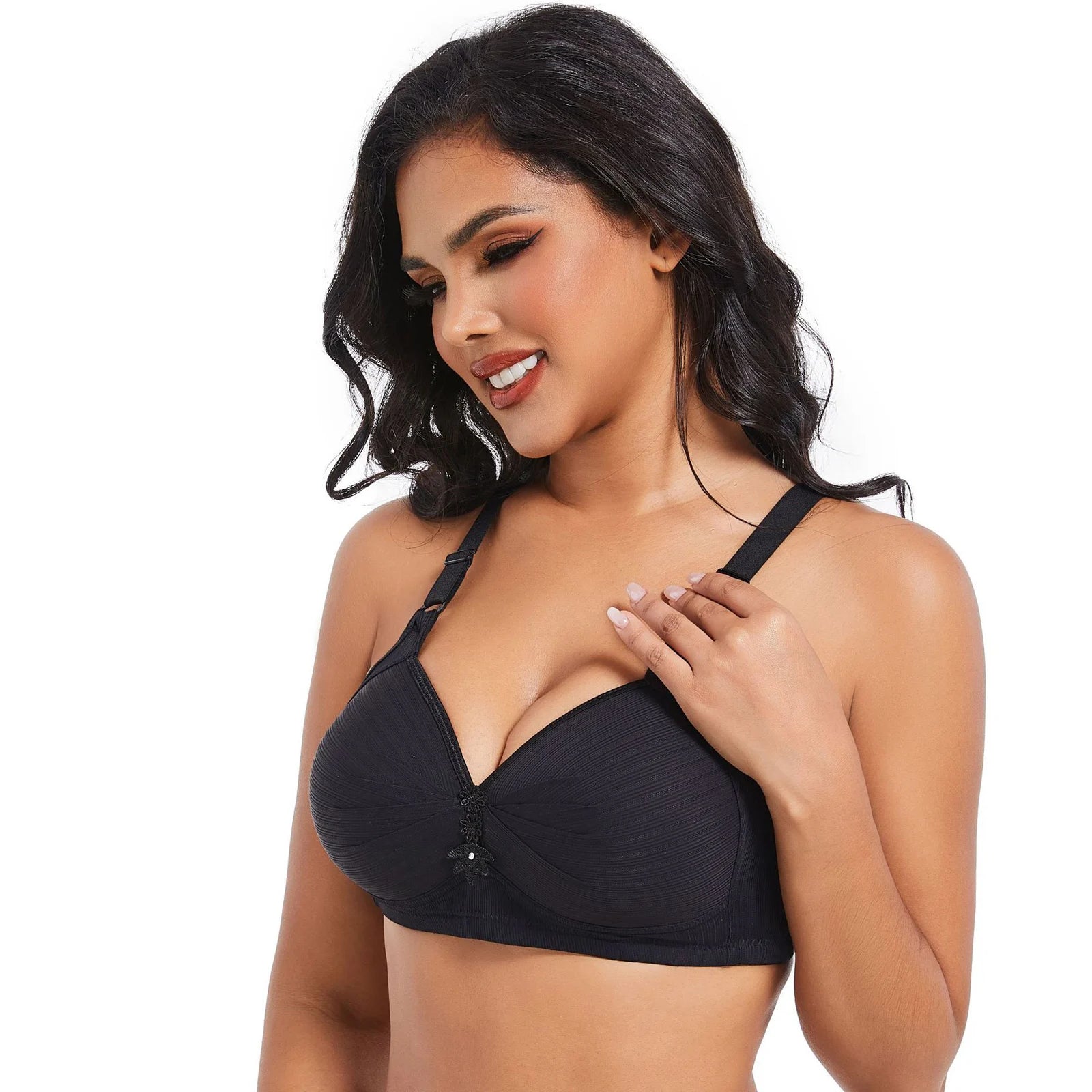 Elegant Skin Tone Textured Bra Chic Wireless Full Coverage Underwear Stylish Push Up Rhinestone Detail Lingerie Women