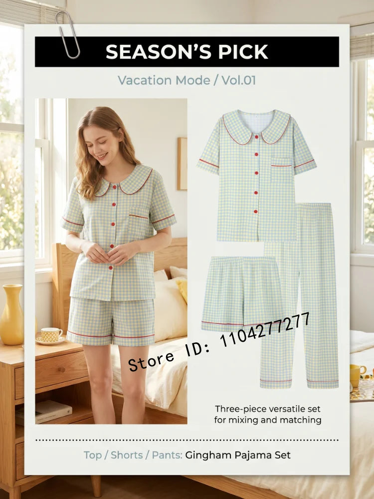 Three-Piece Women's Pajama Set, Plaid Button-Down Loungewear, Short Sleeve Cardigan Sleepwear, Casual Home Wear