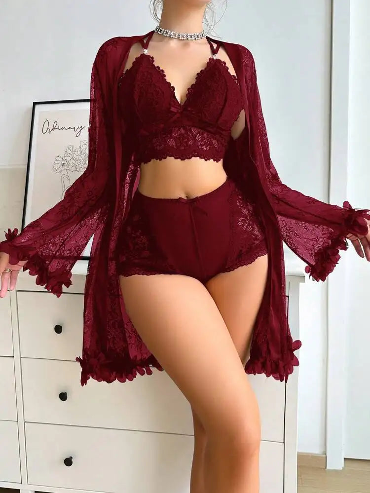 Women Sexy Robe Lingerie Set Lace V-neck Halter Bralette Underwear Suit + Transparent Mesh Bathrobe Nightwear Female Sleepwear