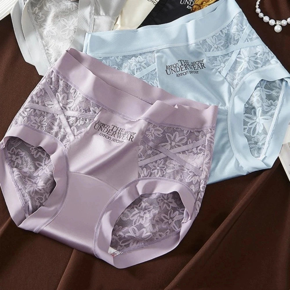 Lingerie French Style Lace Briefs Mesh Patchwork Satin Silk Panties Low Waist Transparent Lace Underwear Women Gifts