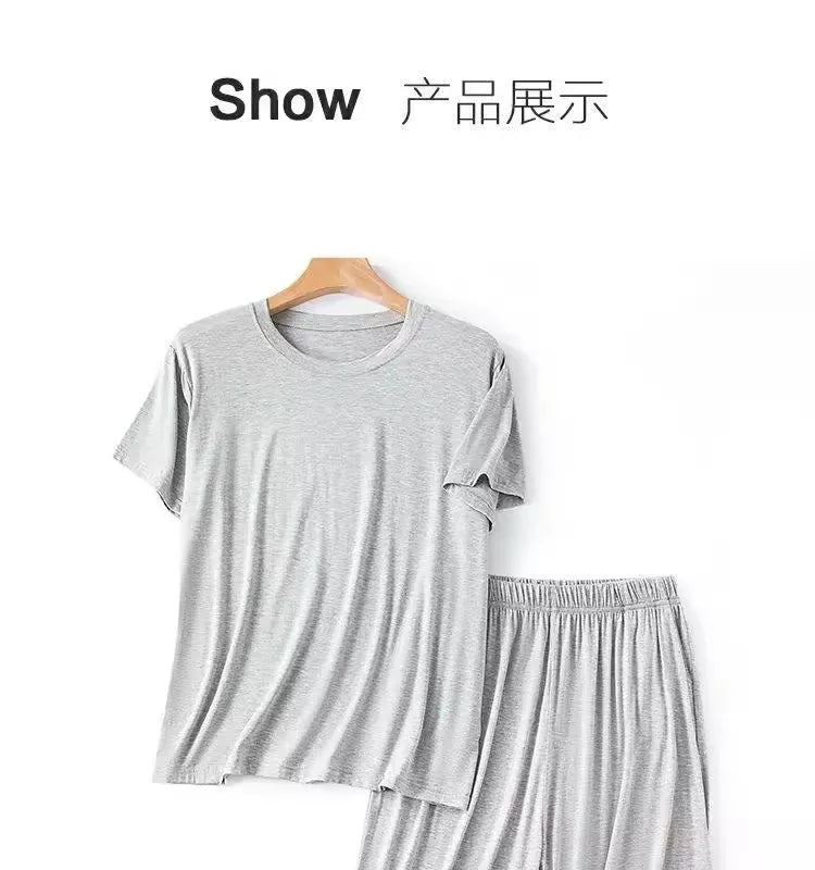 Modal Pajama Set Men's Round Neck Pajama Set for Summer Casual Wear Solid Color Loose Short Sleeved Shorts Two-piece Set Male