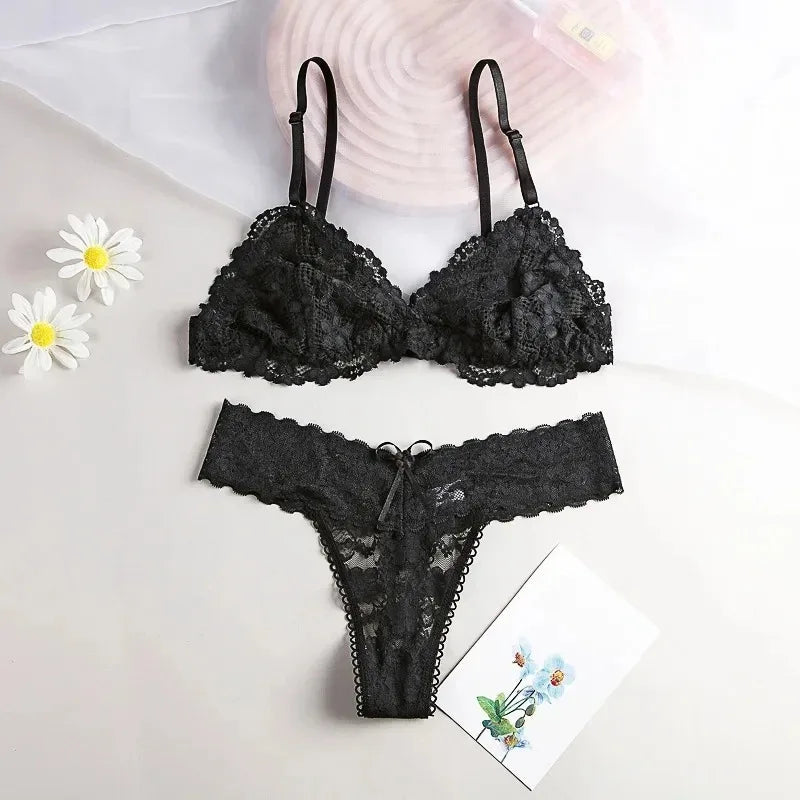 Women Sexy Lace Hollow Bra Suit Seamless Transparent Wire Free Bras Thin G String Panty Lingerie Set Unlined Bralette Set
