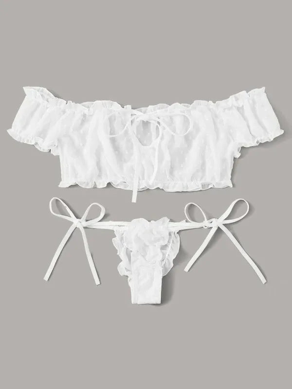 Women's Sexy Lingerie Set Mesh Lace Ruffle Cute Dot Transparent Bra and Panty Wireless Thong Bandage Exotic Sets