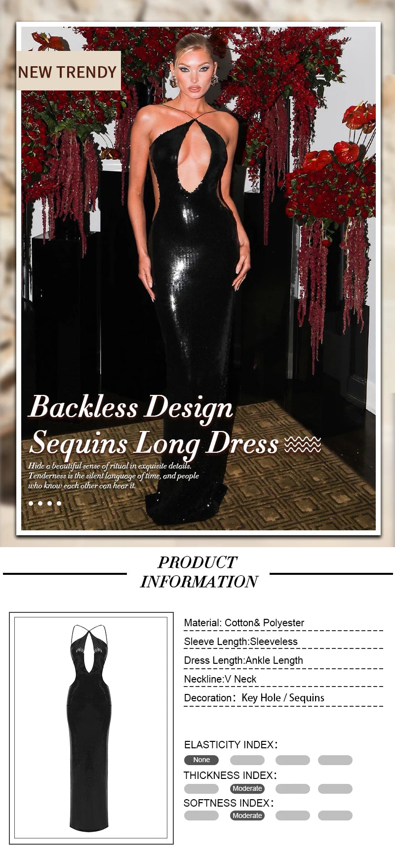 Sexy Sequin Halter Black Long Dress with Deep Plunge Cut-out – Summer New Backless Club Nights DJ Party Birthday Evening Dresses
