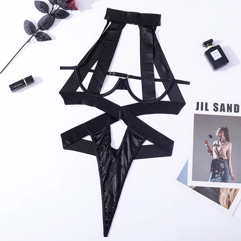 Sexy Satins Perspective Bodysuit Bandages Erotic Apparel With Wire  Lingerie Set Women Halter Cut Out Erotic Red/Black Brief Kit