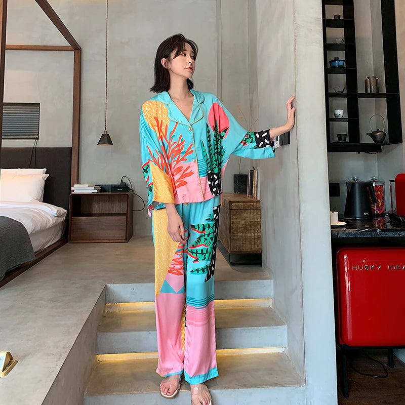 Satin Pajamas Set Spring Summer Home Suit with Pant Women's Print Pijama Suit Silk Pijama Set Sleepwear for Female Pyjamas