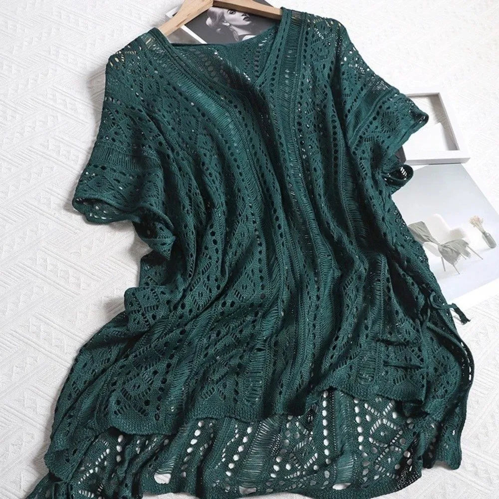 Leisure Oversized Hollow Out Swimsuit Cover Up V-neck Loose Knitted Bikini Cover Up Bohemian Style Mesh Beach Wear Summer