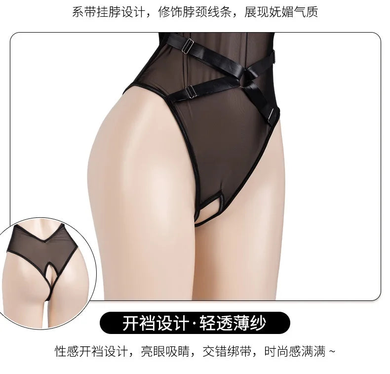 Sexy Lingerie Beautiful Fashionable Soft Gauze Perspective Sheer Opening Jumpsuit Women Rompers Clothing Body Suits Tops AHY5