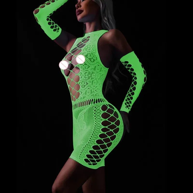 Sexy Hollow Out Luminous Bodysuit Sexy Lingerie See Through One-piece Luminous Suspenders Mesh Clothes Fishnet Socks Dress