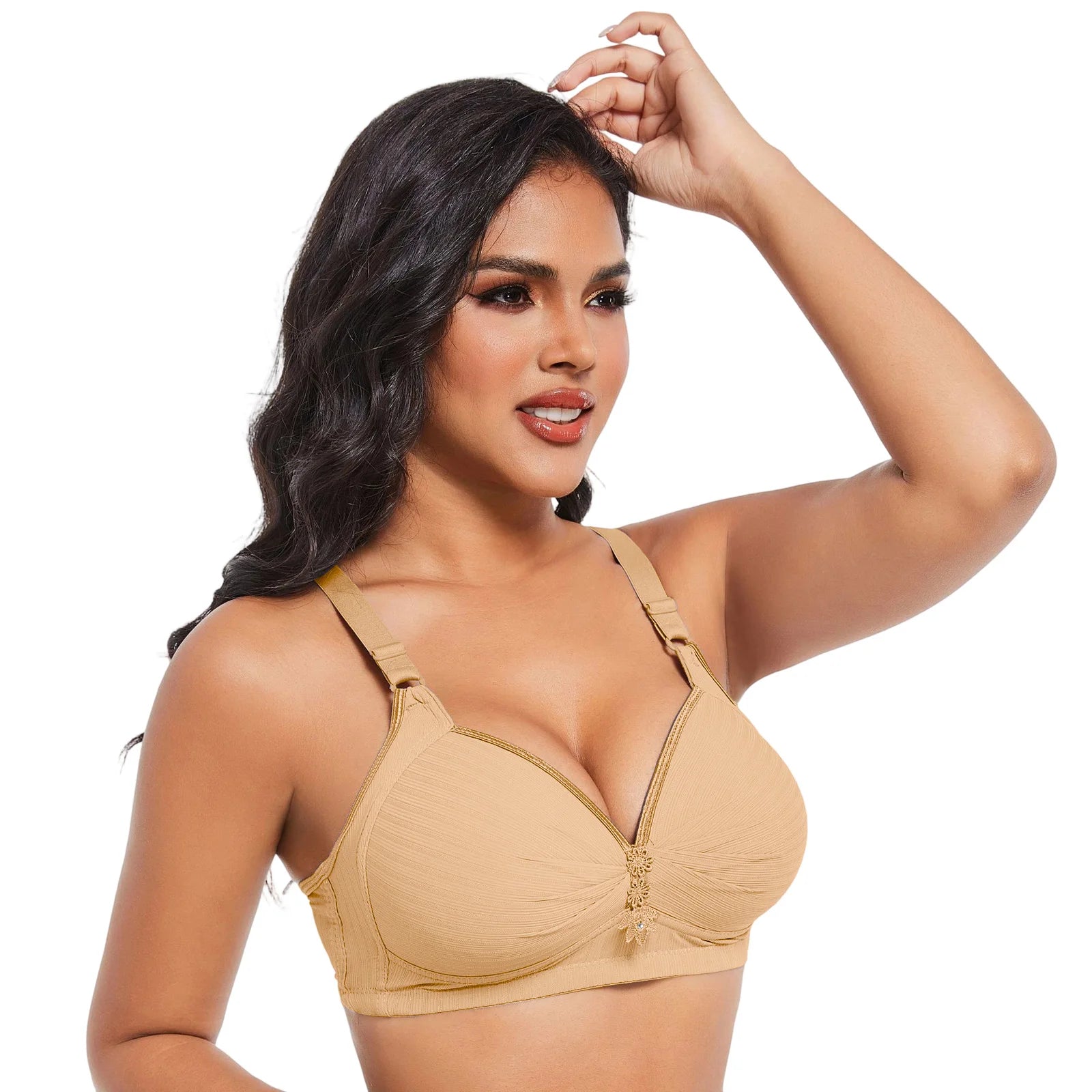 Elegant Skin Tone Textured Bra Chic Wireless Full Coverage Underwear Stylish Push Up Rhinestone Detail Lingerie Women