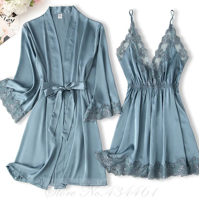 Sexy Lace Twinset Robe Set Nightgown Silky Satin Home Dress Lounge Wear Summer Female Sleepwear Kimono Bathrobe Gown Lingerie
