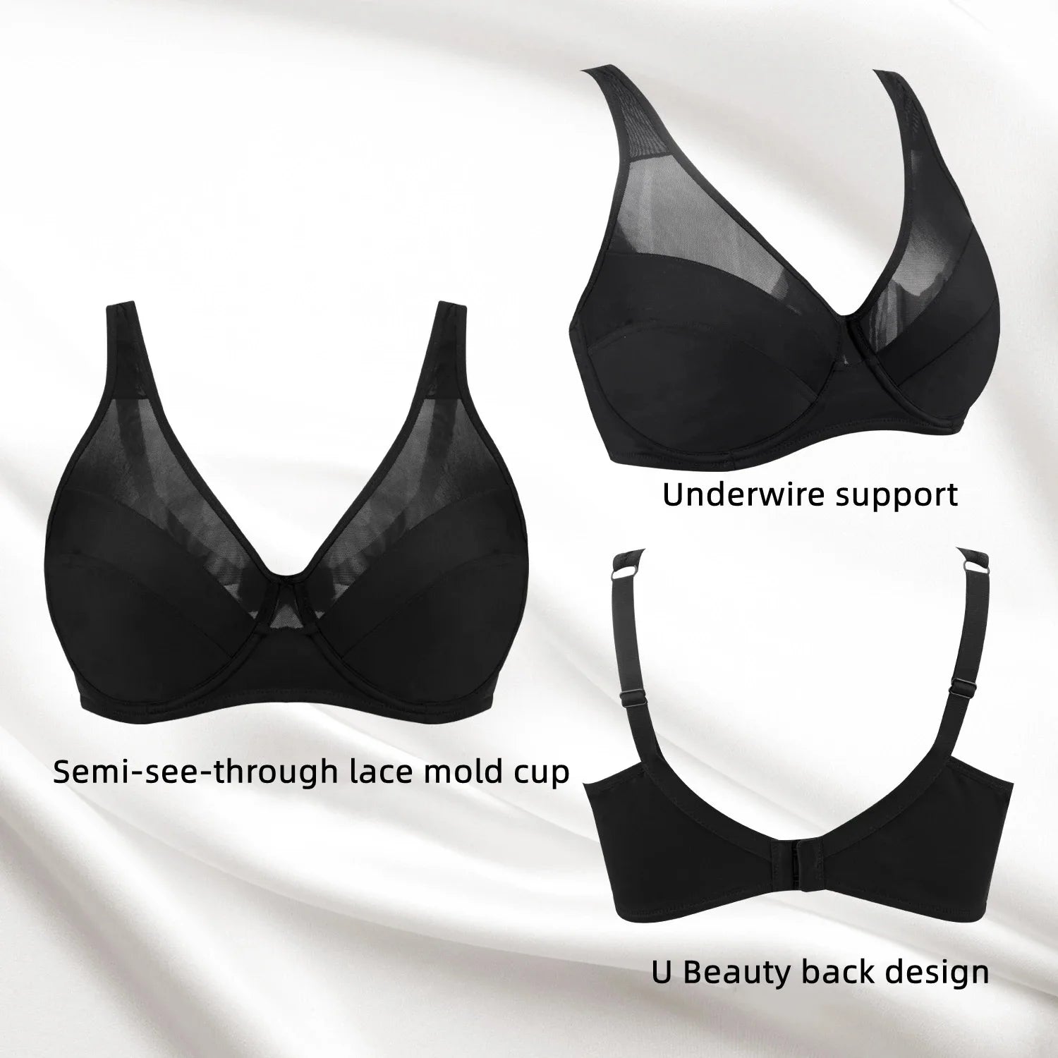 Large Size Women's Full Coverage Minimizer Lace Bra Underwire Non-Padded Soft Everyday Transparent Thin Minimizer Bras CDEFG