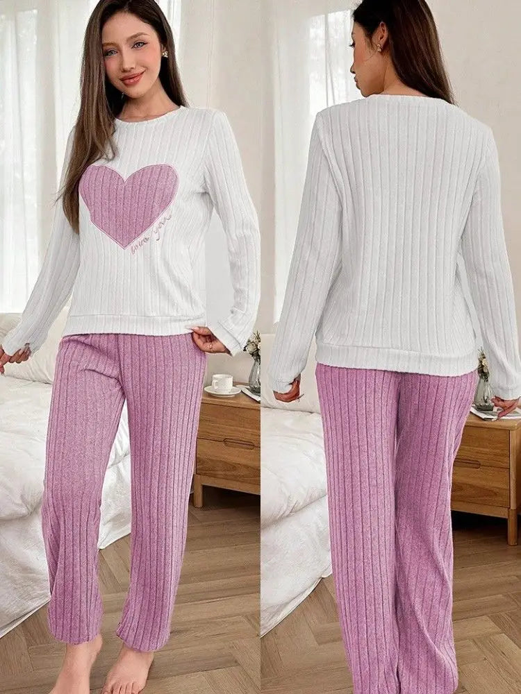 Pajamas Set Women Casual Fleece-Lined Round Neck Long Sleeve Tops and Trouses Sets Autumn Winter Warm Homewear Loungewear