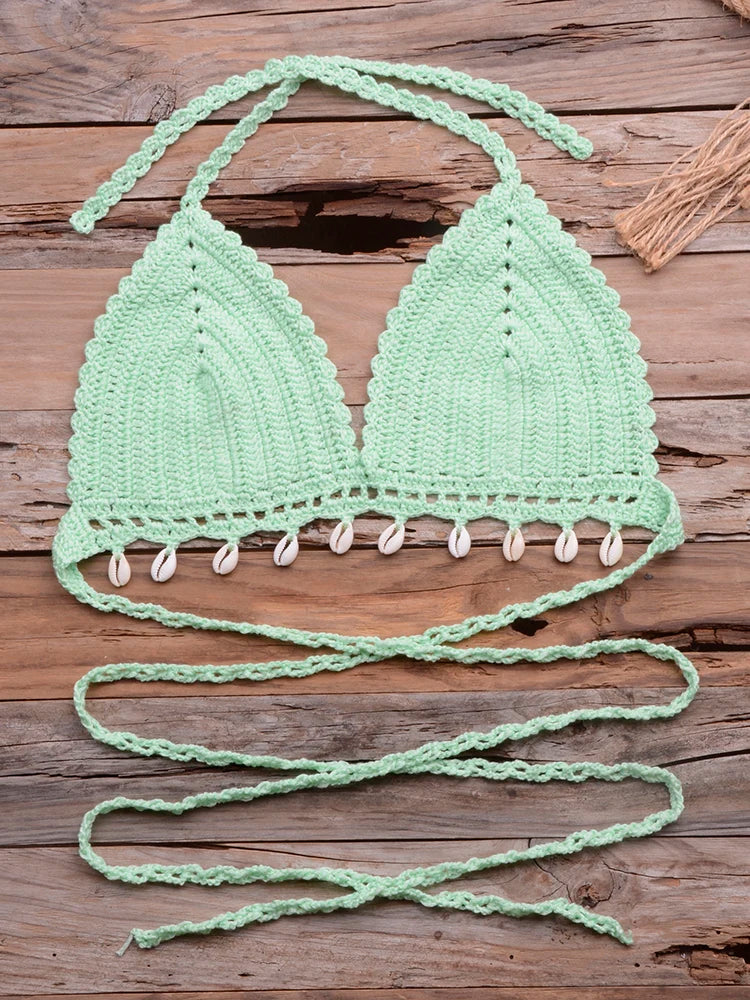 Knitted Bra Top Bikini Set Womens Swimsuit Handemade Crochet Bikini Cover Up Tassel Beach Long Wrap Skirt Sarong Immadman 7004