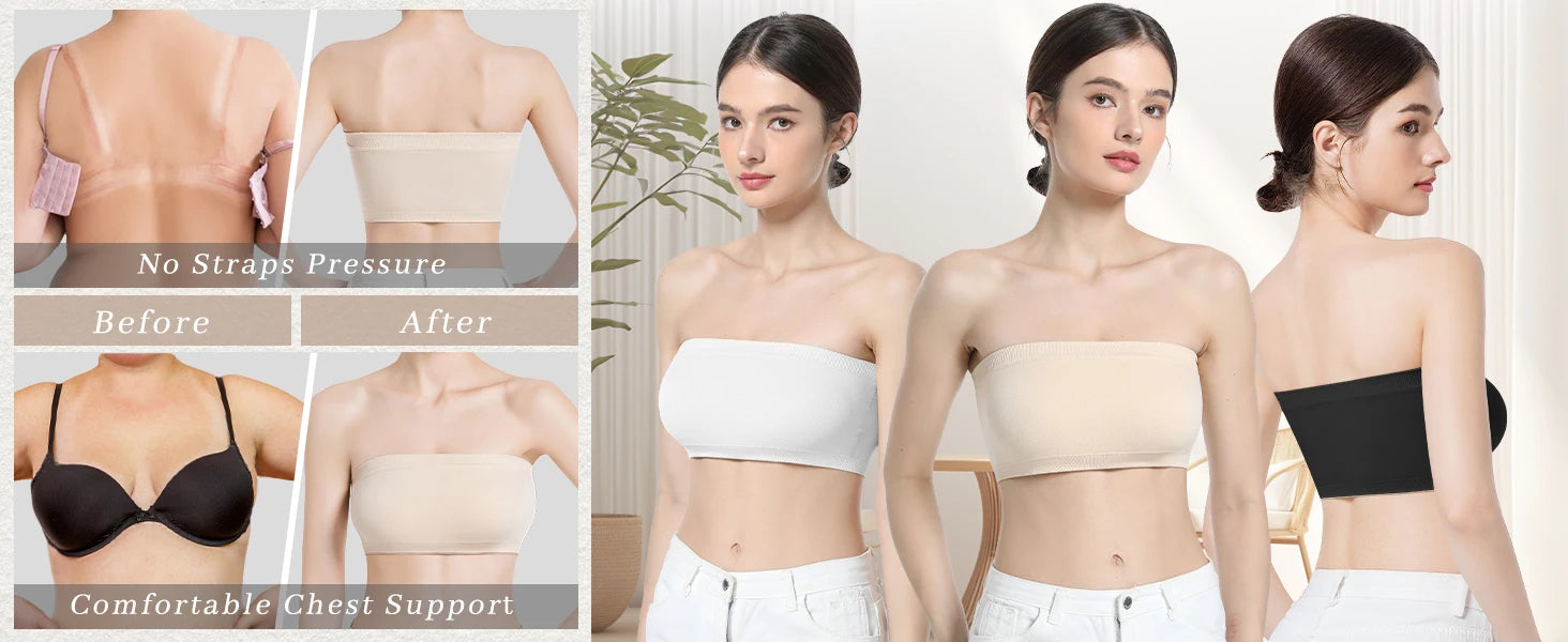 Women Tube Strapless Bra Chest Wrap Bandeau Unlined Seamless Breathable Comfortable Underwear Tops with Clear Straps