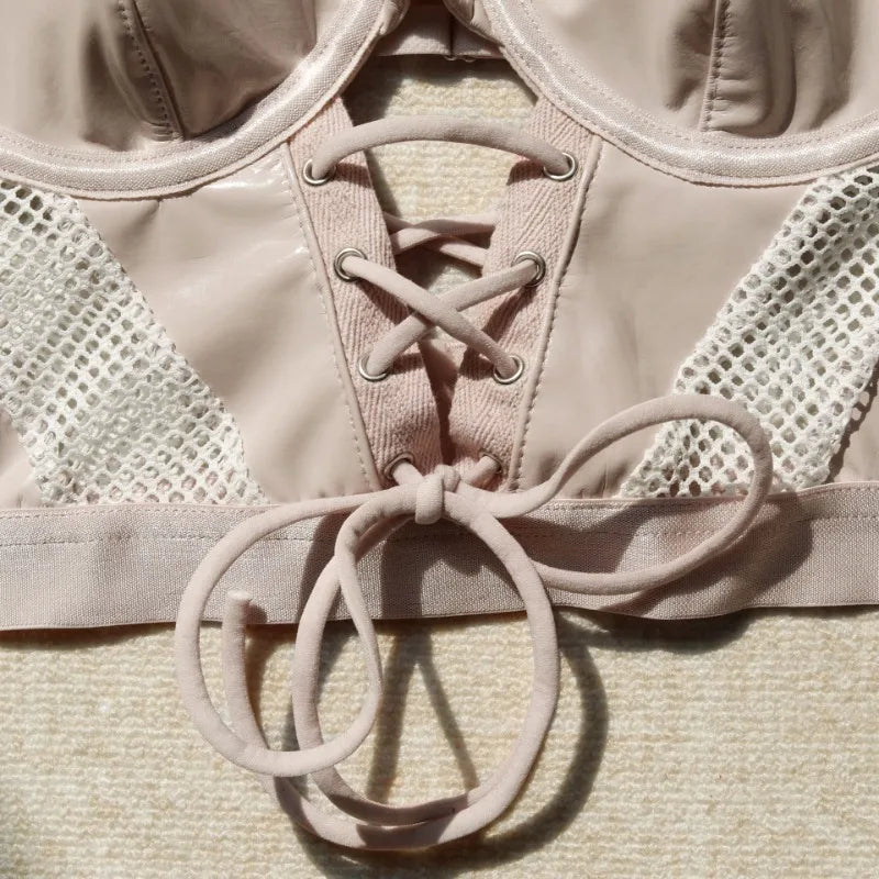 Sexy Fetish Lingerie Sets for Women 2 Piece Leather Sheer Mesh Corset Tops Bodysuit Exotic Underwear Bandage Push Up Bra Panties