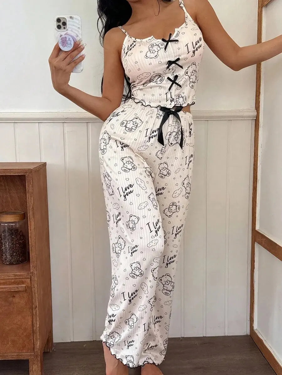 Women's Pajamas Set Sleepwear Bear Printed 2 PCS with Flirty Frill Trim Casual Cami Top and Long pants Sets Loungewear Soft