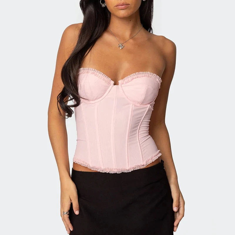 Women Sheer Lingerie Streetwear Lace-up Bustier Corset Tops Slim Backless y2k Tank Top Strapless Striped Sheath Sexy Camisole
