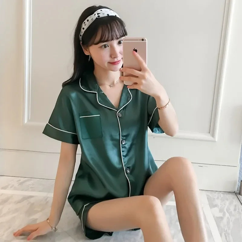 Pajamas Sets for Women 2025 Sexy Silk Women Pijama Sets Sleepwear Long-sleeve Cardigan Set Female Ice Silk Pyjamas Home Clothing
